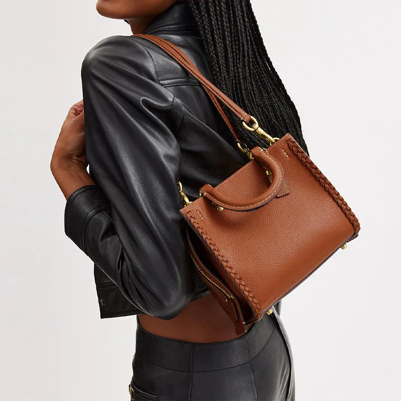 COACH Rogue Leather Tote Bag, Shopping Bag, Handbag, Shoulder Bag, Crossbody Bag Trumpets Women's Caramel-5