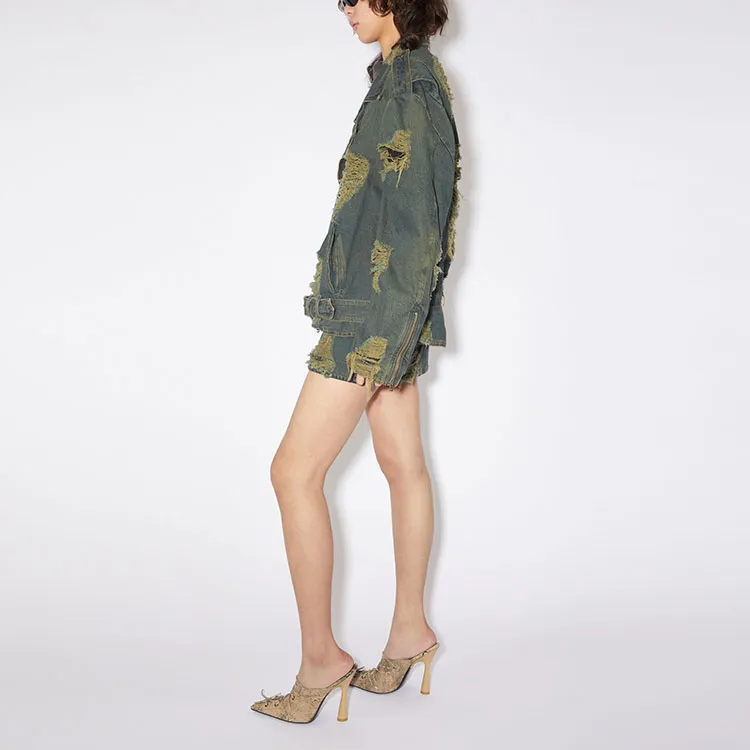 Acne Studios Distressed Denim Biker Jacket Blue/Green-3