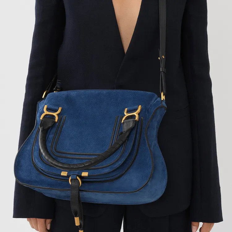 Chloe Marcie Suede Grain Calfskin Shoulder Bag, Crossbody Bag, Handbag Women's Blue/Black-4