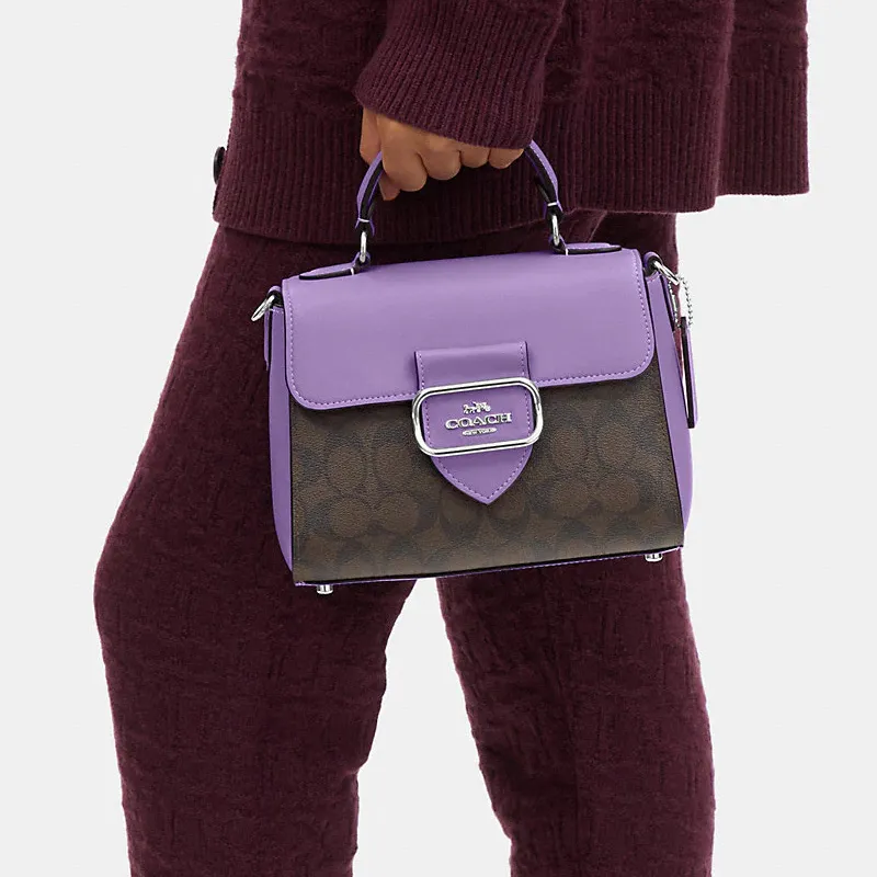 COACH Morgan Canvas With Leather Handbag, Shoulder Bag, Crossbody Bag Trumpets Women's Purple & Coffee Monogram-3
