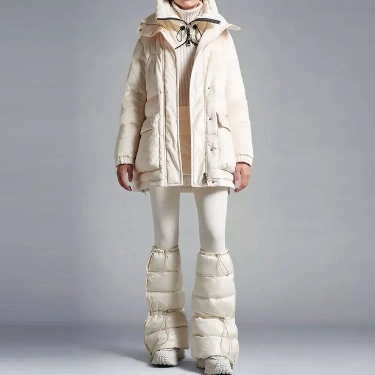 Moncler FW22 Solid Color Stand Collar Mid-Length Down Jacket Women's Ecru-1
