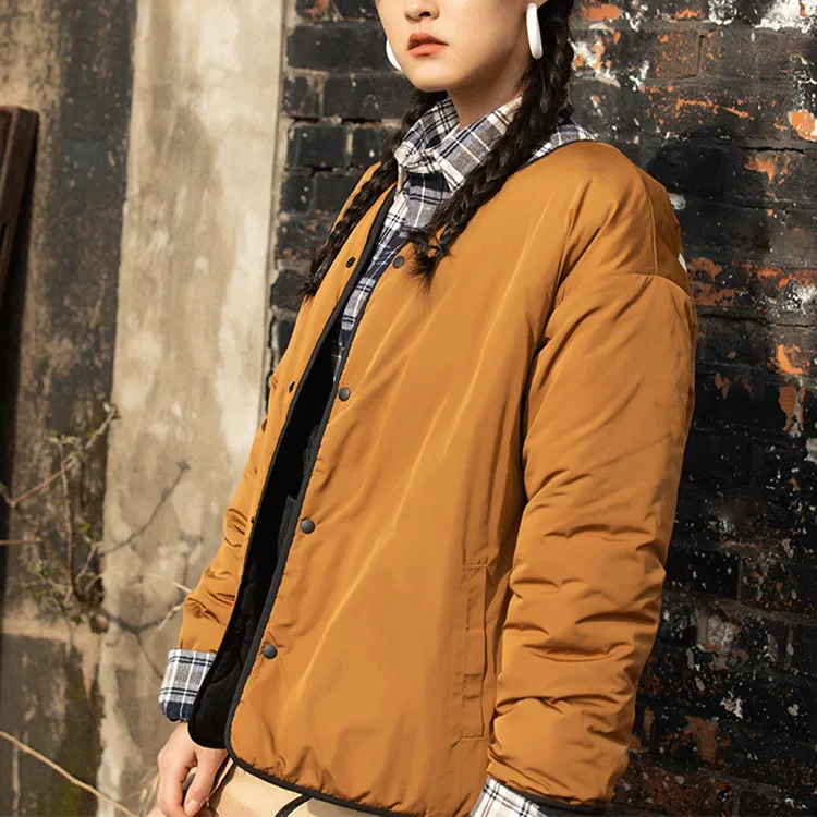 New Era Letter Collarless Loose Fit Thickened Puffer Jacket Unisex Tawny-5