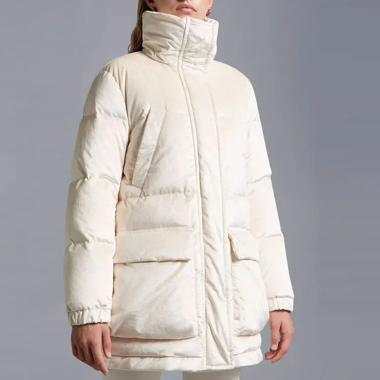 Moncler FW22 Solid Color Stand Collar Mid-Length Down Jacket Women's Ecru-3