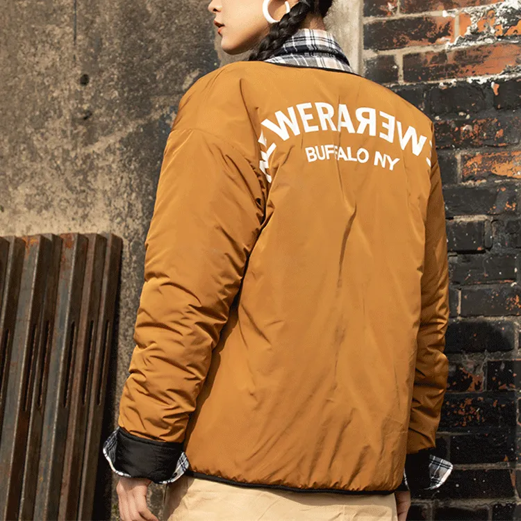 New Era Letter Collarless Loose Fit Thickened Puffer Jacket Unisex Tawny-6
