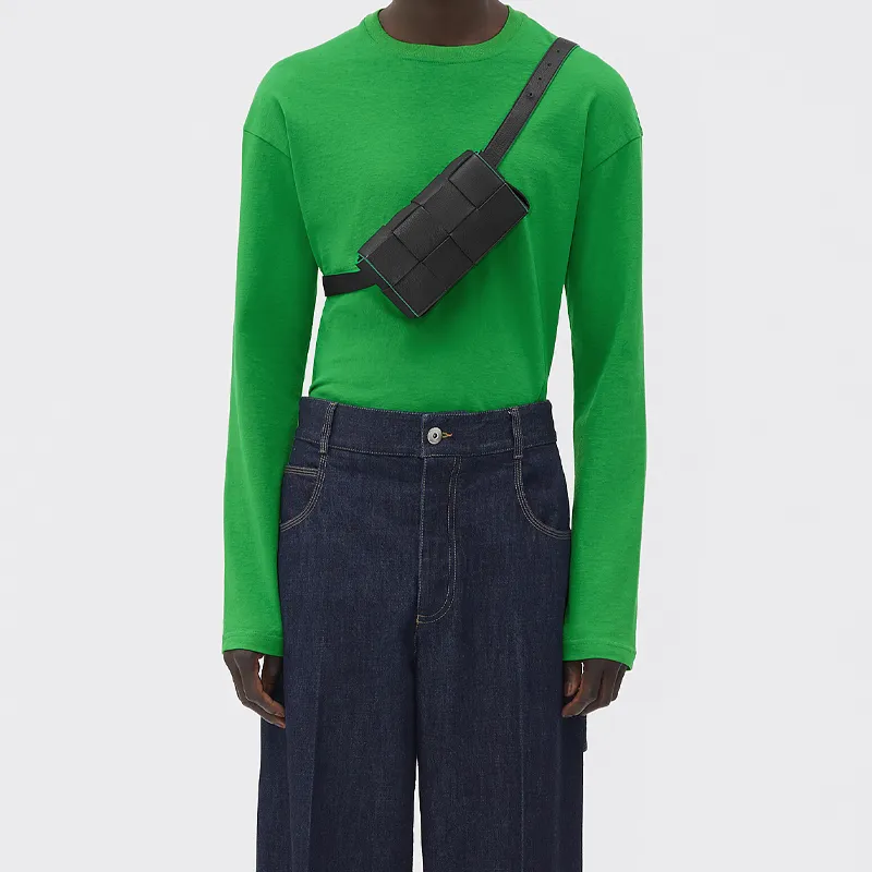Bottega Veneta CASSETTE Pillow Bag Cow Leather Fanny Pack Mini Men's Black/Green-5