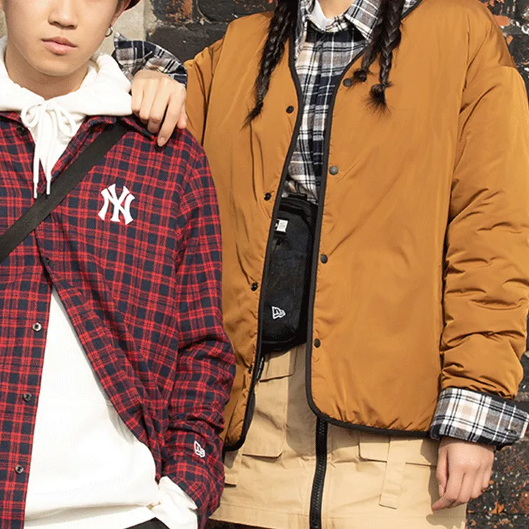 New Era Letter Collarless Loose Fit Thickened Puffer Jacket Unisex Tawny-8