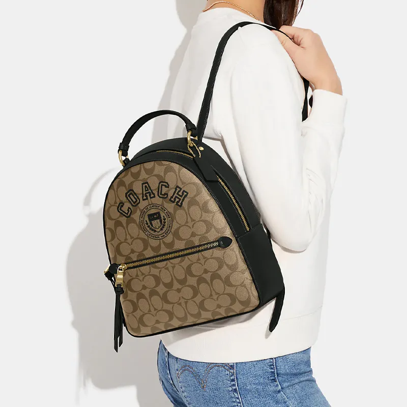 COACH Jordyn Coated Canvas With Smooth Leather Backpack Large Size Women's Khaki-4