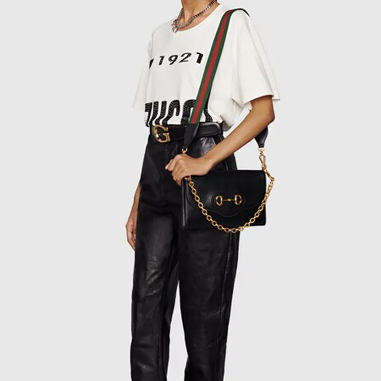 GUCCI Horsebit 1955 Leather Handbag Shoulder Bag Crossbody Bag Small Size Women's Black-10
