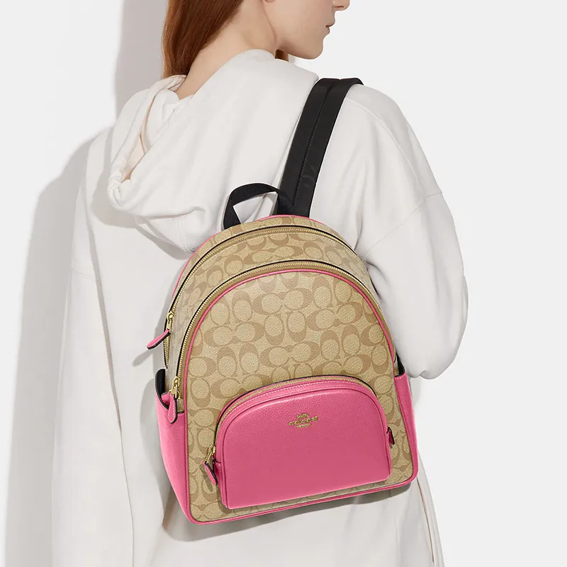 COACH Court Canvas With Leather Backpack Medium Size Women's Khaki & Pink-4
