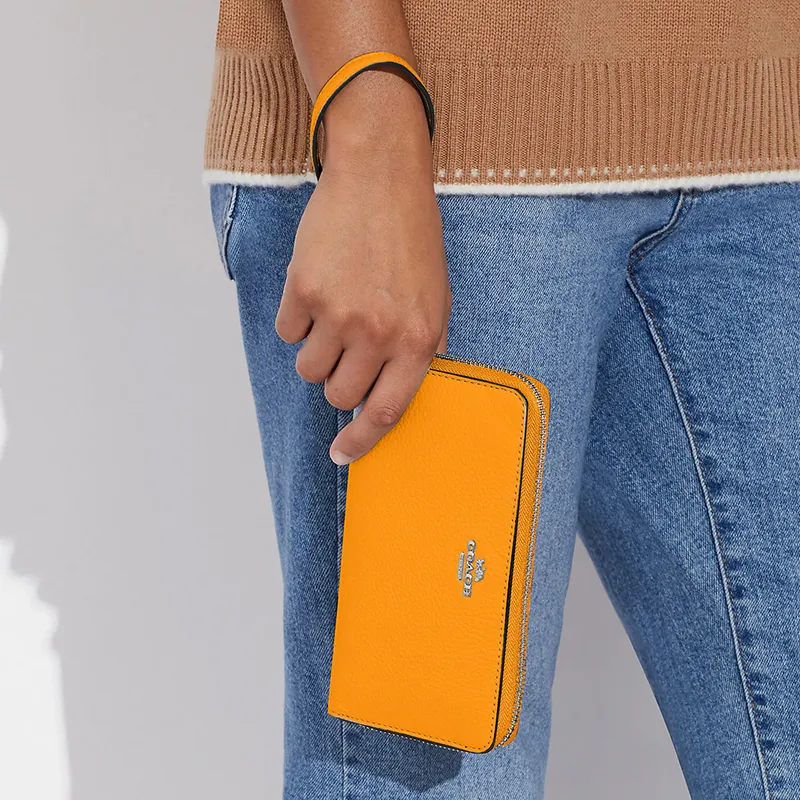 COACH Zip Around Leather Clutch Wallet Trumpets Women's Papaya-4