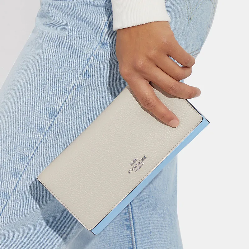 COACH Trifold Wallet Leather Clutch Coin Purse Wallet Small Size Women's Gray & Blue-3