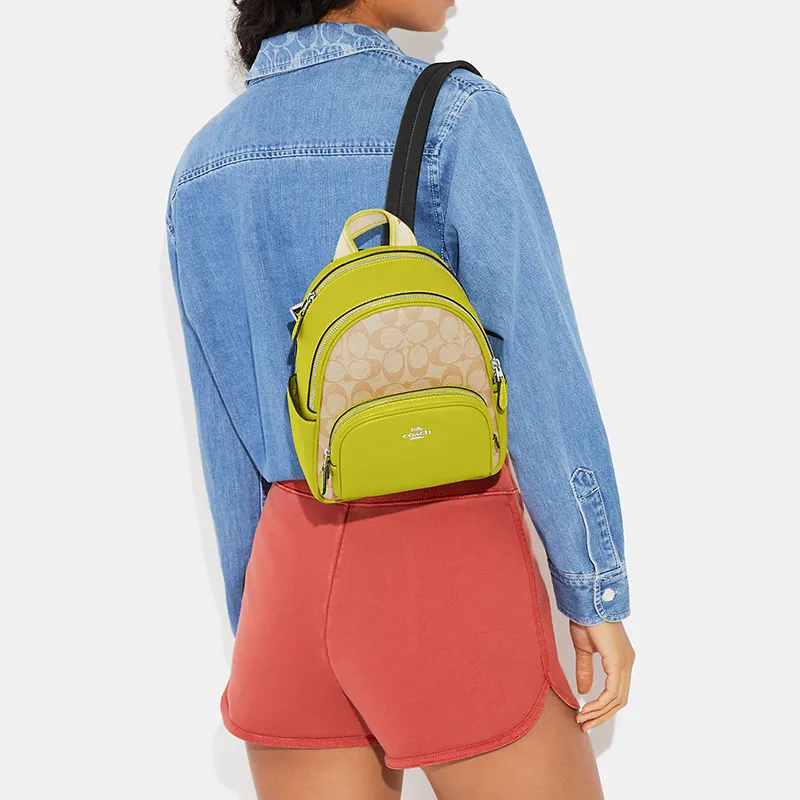 COACH Court Canvas With Leather Backpack Mini Women's Lemon And Brown-4