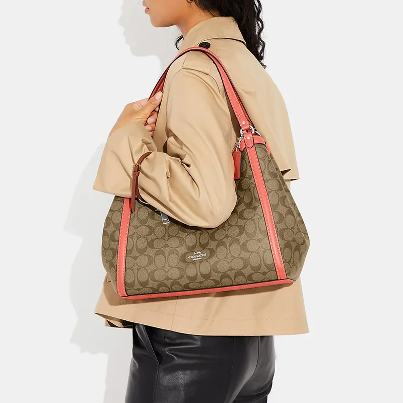 COACH Kristy Canvas With Leather Hobo Bag Handbag Shoulder Bag Women's Brown & Orange-3