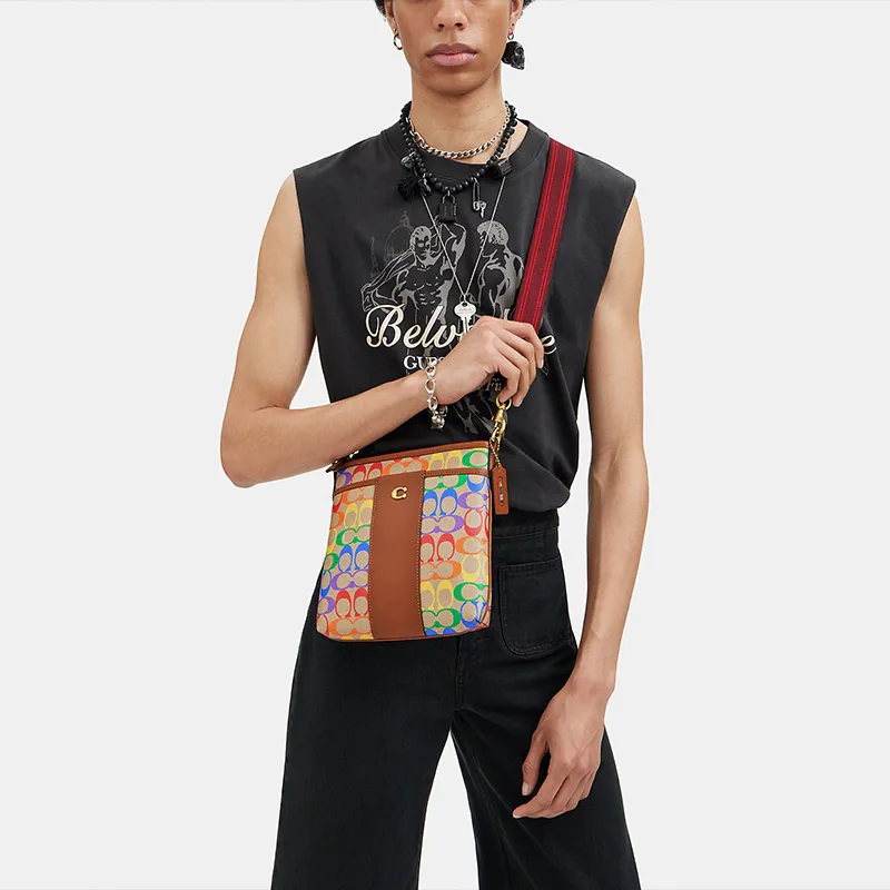 COACH Kitt Canvas With Leather Messenger Bag Shoulder Bag Crossbody Bag Women's Brown & Rainbow-4