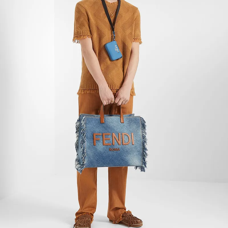 FENDI Denim Tote Bag Shopping Bag Handbag Regular Men's Blue-5