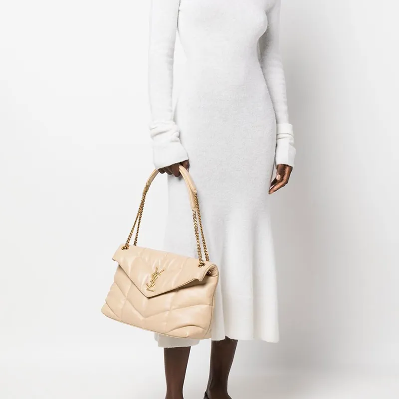 SAINT LAURENT LOULOU Lambskin Puffer Cloud Bag Pillow Bag Chain Shoulder Bag Crossbody Bag Women's Beige-7