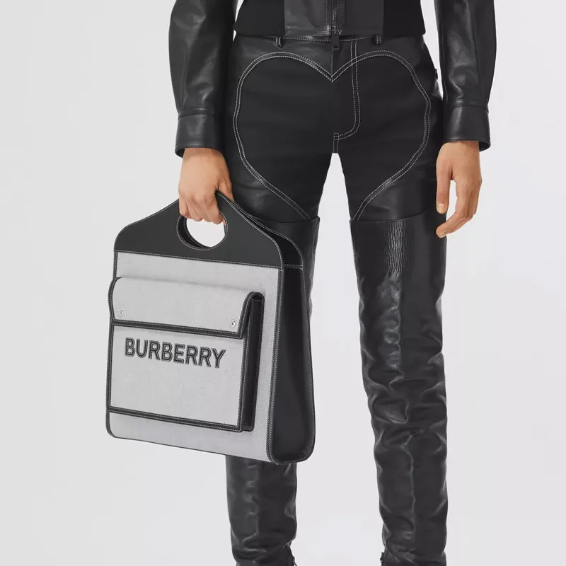 Burberry Pocket Bag Canvas With Leather Pocket Bag Handbag Women's Black/White-6