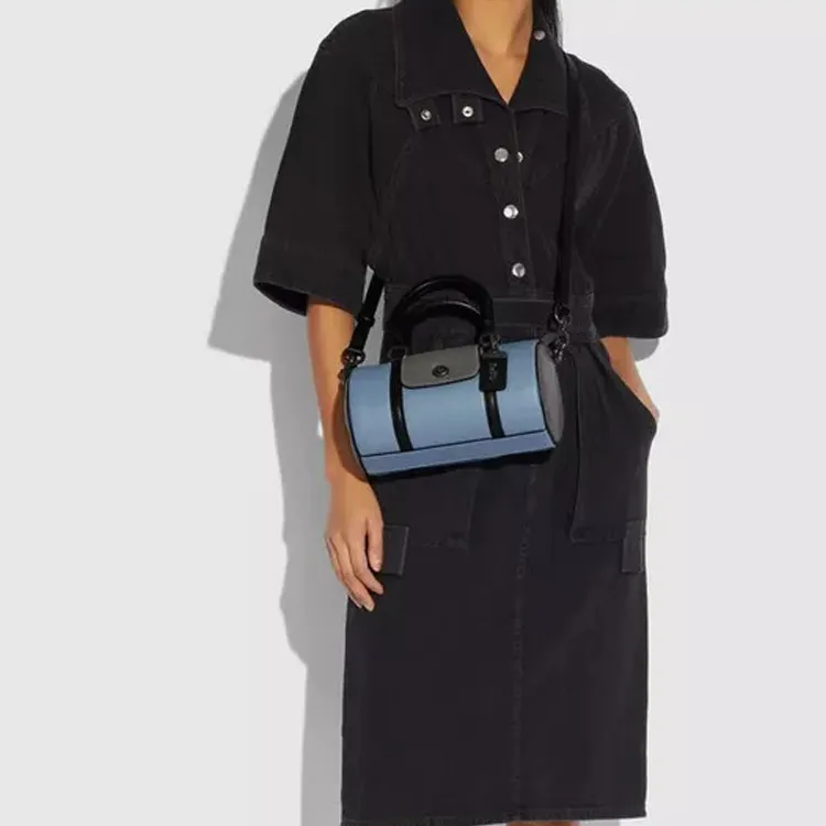 COACH Barrel Leather Boston Bag Handbag Shoulder Bag Crossbody Bag Women's Blue-4
