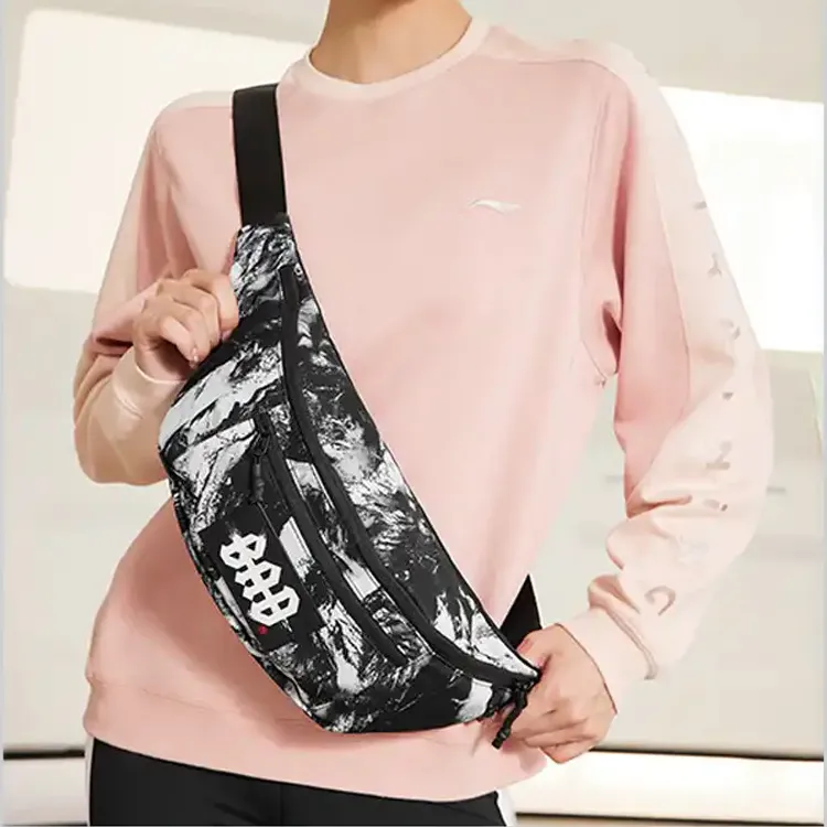 LiNing Fabric Sports Waist Bag Regular Unisex Black And White All Over Print Multicolor-3