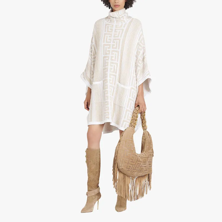 BALMAIN Lurex Maxi Monogram Knit Poncho 'Pink'-5
