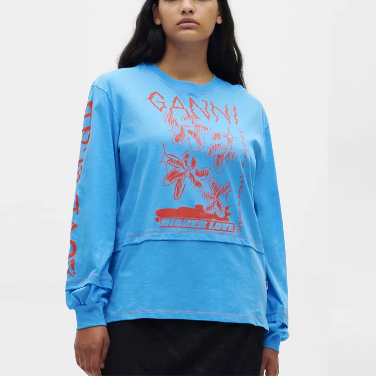 GANNI Light Jersey Love O Neck Layered T Shirt 'Azure Blue'-4