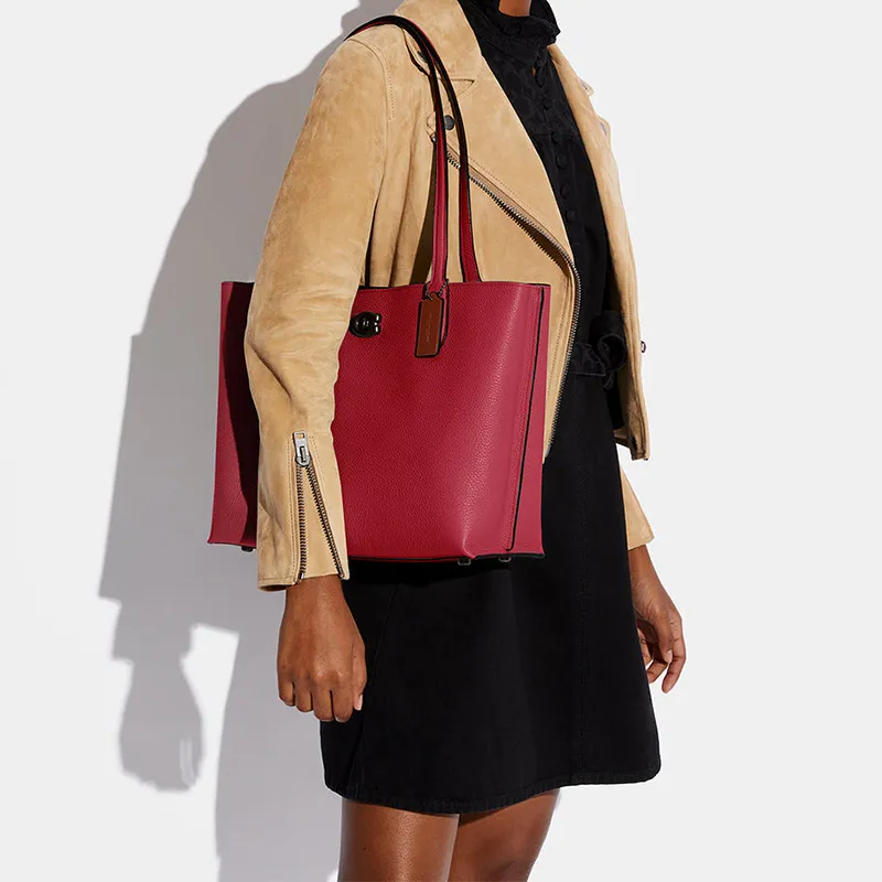 COACH Willow Polished Grained Leather Patchwork Canvas Tote Bag Shopping Bag Handbag Shoulder Bag Women's Vintage Red-5