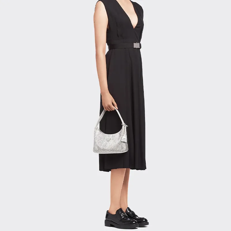 PRADA Re Edition Fabric Hobo Bag, Shoulder Bag, Handbag Mini Women's Silver-4