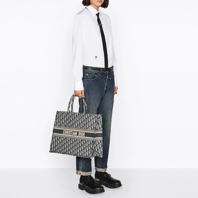 DIOR BookTote Embroidery Tote Bag Shopping Bag Handbag Large Size Women's Black/White-5