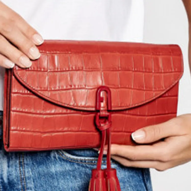 Furla Crocodile Embossed Genuine Leather Shoulder Bag Crossbody Bag Women's Red-4