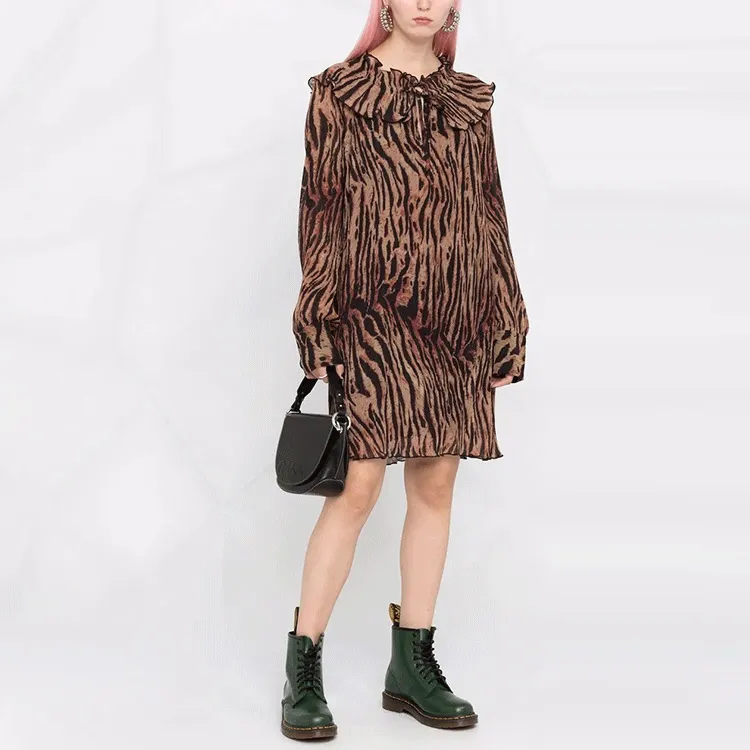 GANNI Pleated Georgette Adjustable Collar Mini Dress 'Tiger's Eye'-2