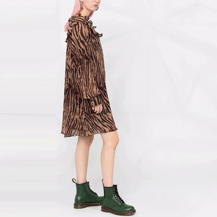 GANNI Pleated Georgette Adjustable Collar Mini Dress 'Tiger's Eye'-3