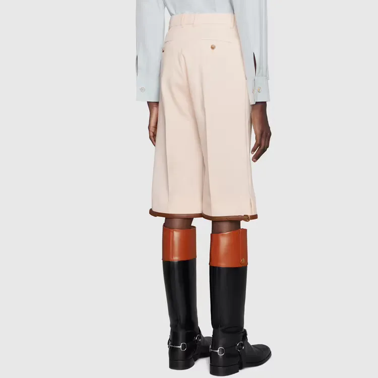 GUCCI Leather Trimmed Knee Length Shorts Beige-3