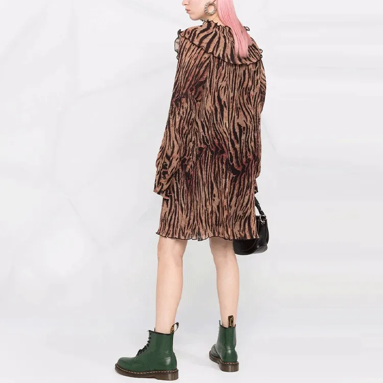 GANNI Pleated Georgette Adjustable Collar Mini Dress 'Tiger's Eye'-1