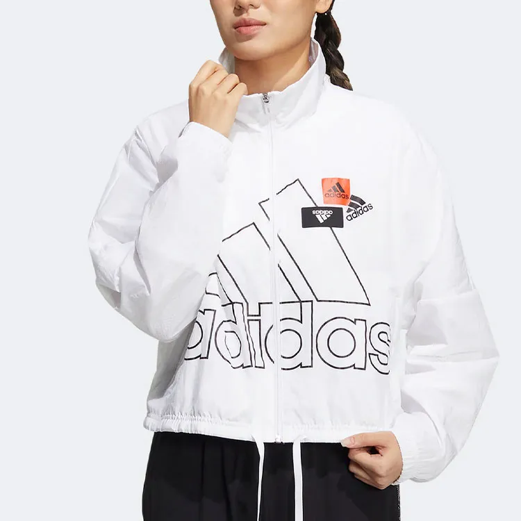 adidas Women'ss Logo Print Zip-Up Stand Collar Jacket White-2
