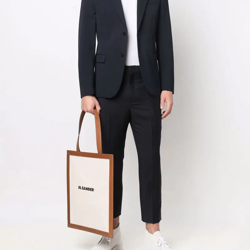 JIL SANDER Calfskin With Woven Fabric Tote Bag, Shopping Bag, Handbag, Shoulder Bag Men's Light Umber-4