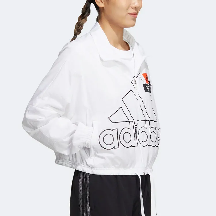 adidas Women'ss Logo Print Zip-Up Stand Collar Jacket White-3