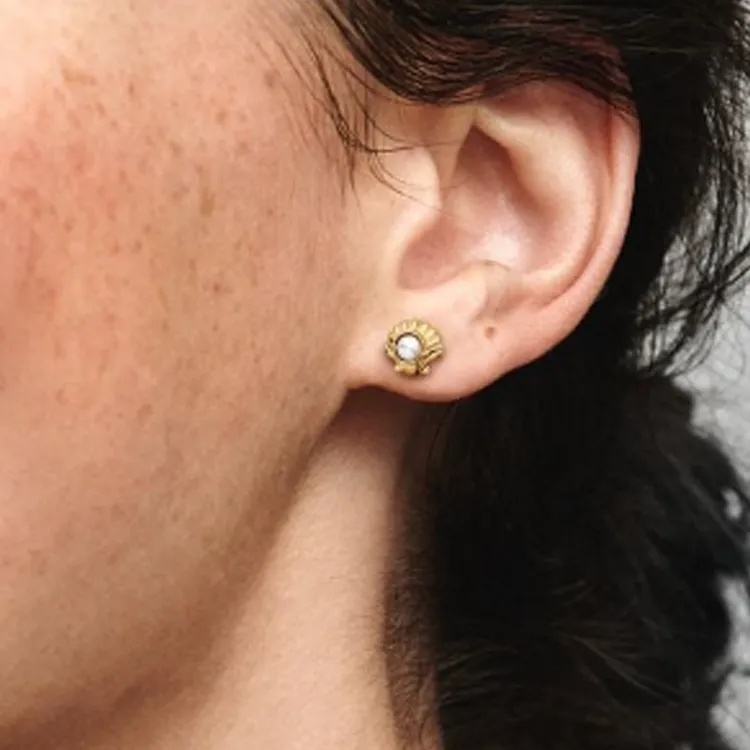 Pandora Pearl Stud Earrings Women's Gold-2