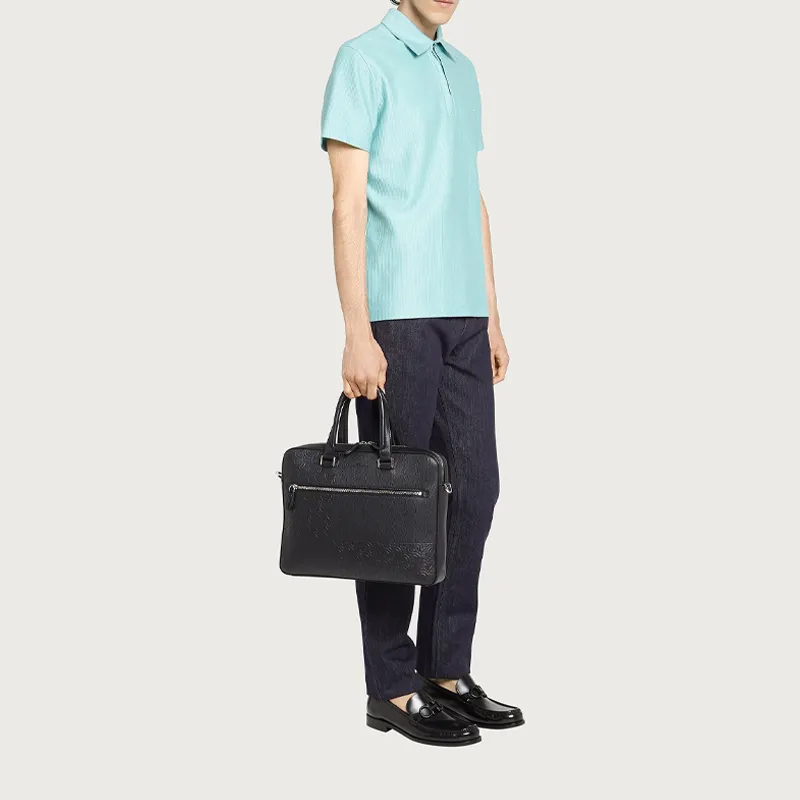 FERRAGAMO Calfskin With Recycled Nylon Portable One Shoulder Crossbody Business Bag Briefcase Men's Black-5