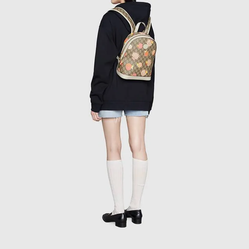 GUCCI Canvas With Leather Backpack Small Size Women's Ebony/White/Candy Color-9