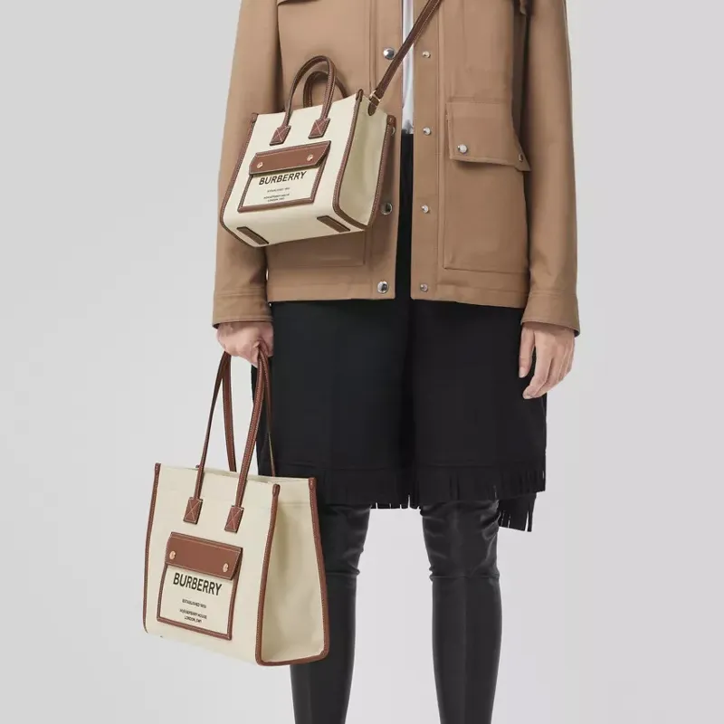 Burberry Freya Cotton With Calfskin Tote Bag, Shopping Bag, Handbag, Shoulder Bag Women's-7
