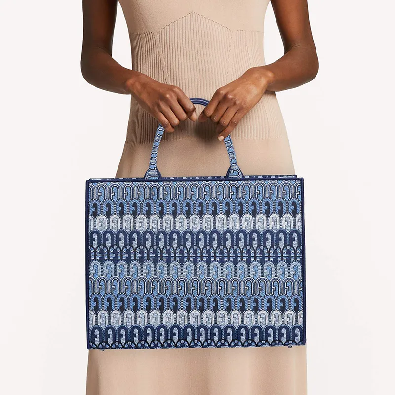 Furla Fabric Fabric Tote Bag Shopping Bag Handbag Shoulder Bag Large Size Women's Denim Blue Shades-3