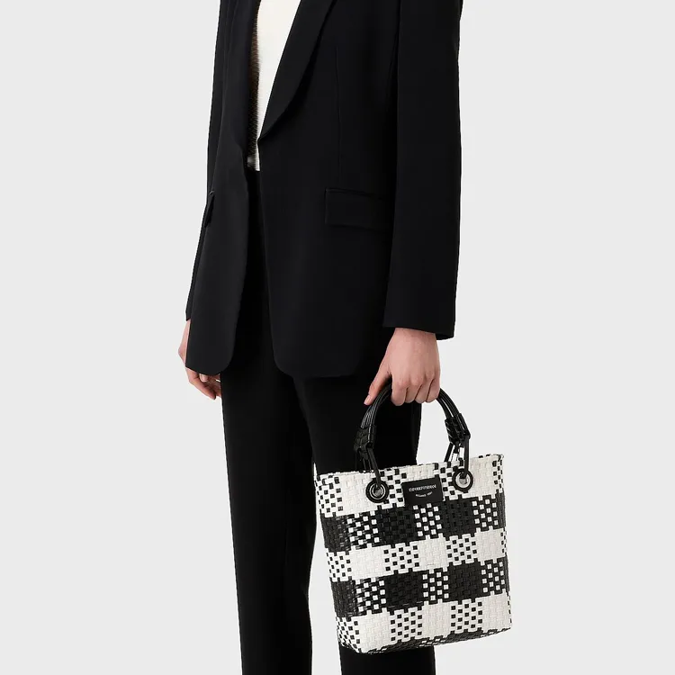 EMPORIO ARMANI Polyethylene Tote Bag, Shopping Bag, Shoulder Bag, Handbag Women's Black White-3