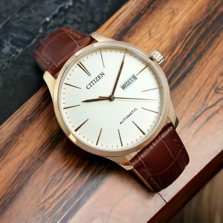 CITIZEN Automatic Mechanical Movement Genuine Leather Strap Watch Men's Watches White Dial-1
