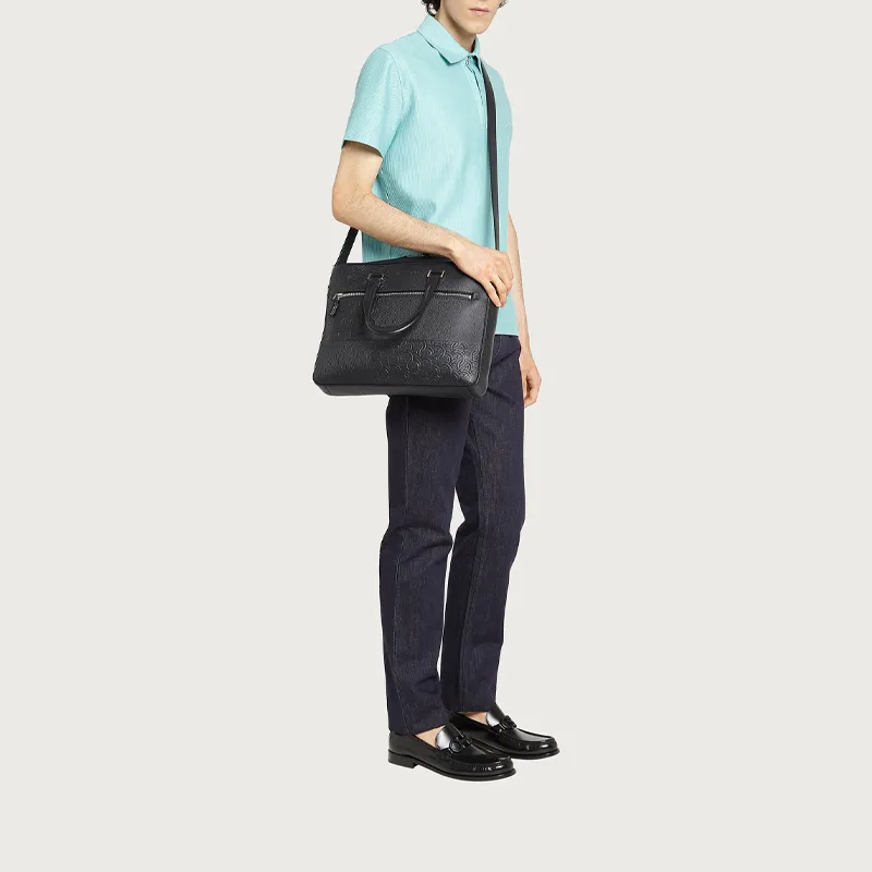 FERRAGAMO Calfskin With Recycled Nylon Portable One Shoulder Crossbody Business Bag Briefcase Men's Black-4