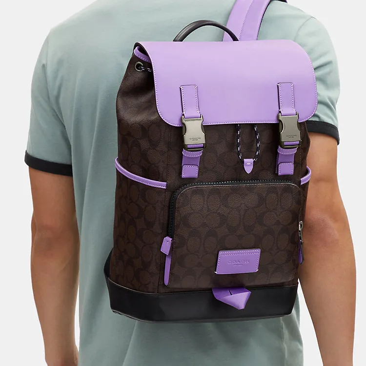 COACH Track Canvas With Calfskin Backpack Large Size Men's Purple & Coffee-4