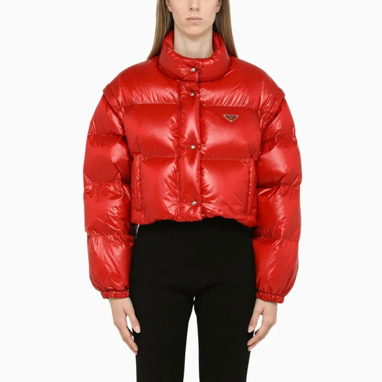 PRADA FW22 Solid Color Stand Collar Loose Fit Down Jacket Women's Red-3