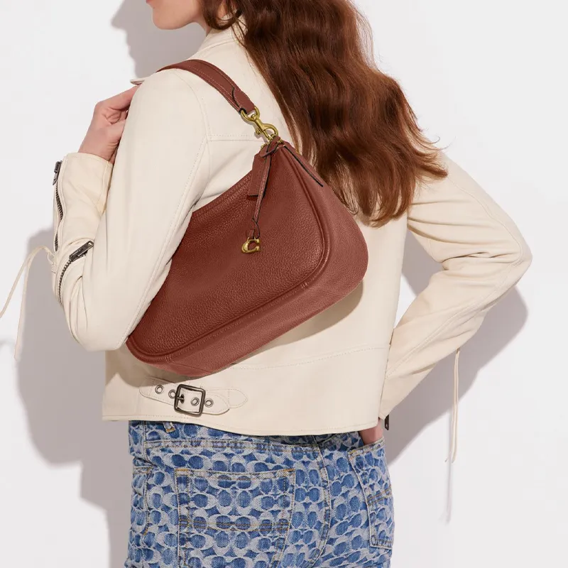 COACH Cary Pebble Cow Leather Handbag, Crossbody Bag, Shoulder Bag Large Size Women's Red Brown-5