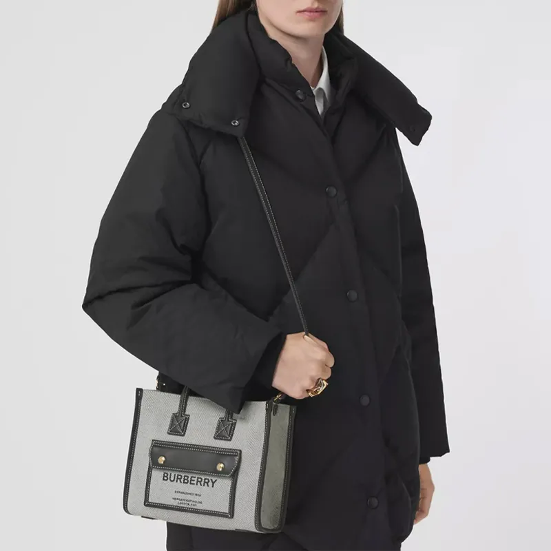 Burberry Freya Cotton With Calfskin Tote Bag Shopping Bag Shoulder Bag Crossbody Bag Handbags Mini Women's Black/Gray-9