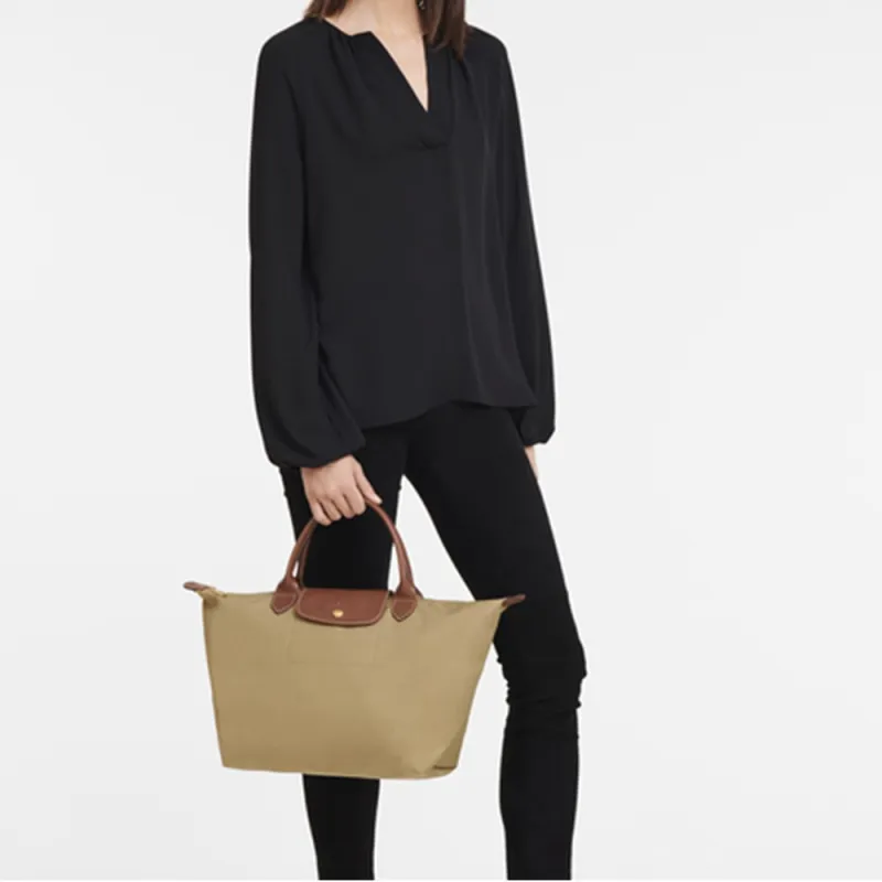 LONGCHAMP Canvas With Leather Handbag Medium Size Women's Beige-4