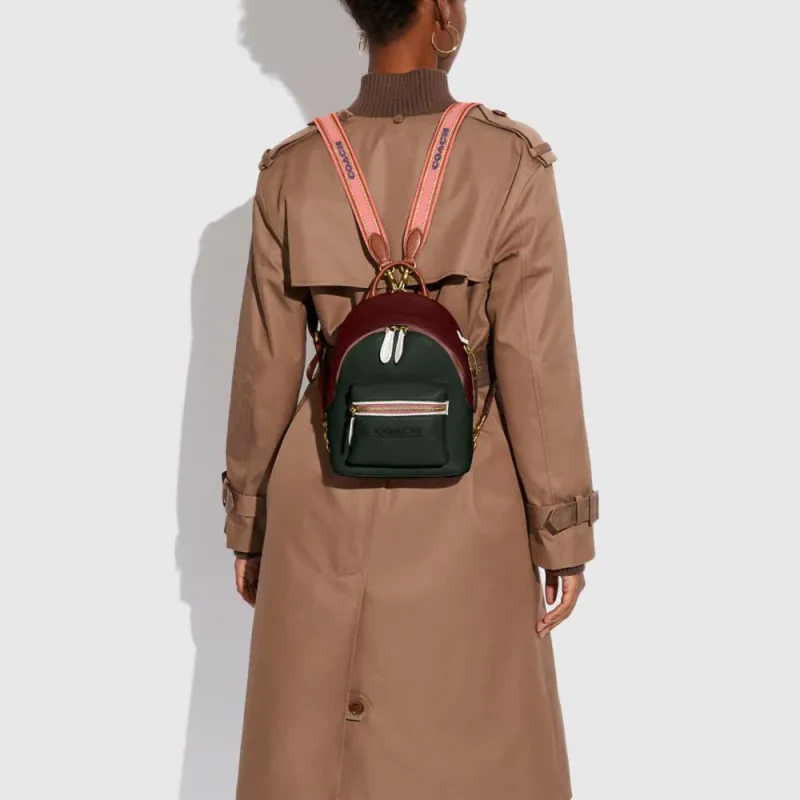 COACH Charter Leather Backpack Small Size Unisex Green Red Brown Multicolor-3
